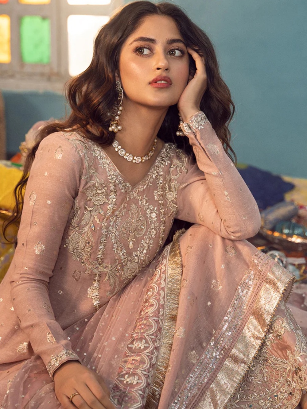 Faiza Saqlain Blush Pink Formal Dress with Gold Accents.save on tariff,shop here